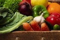 Assortment of fruits and vegetables, in a wooden box, close, horizontal, no people,