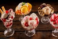 Assortment of fruity ice-cream sundae desserts