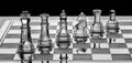 Assortment of glass chess pieces on a board with black and white