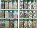 Assortment of glass jars with herbs and spices