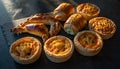 Assortment of Golden Baked Pastries and Savory Tarts on Dark Background Royalty Free Stock Photo