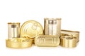 Assortment of golden food tin can Royalty Free Stock Photo