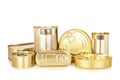 Assortment of golden food tin can Royalty Free Stock Photo