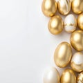 Assortment of golden and white Easter eggs with decorative patterns on a white surface golden eggs Royalty Free Stock Photo