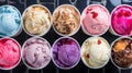 Assortment of gourmet italian sorbet ice cream flavors in individual paper cups, top view Royalty Free Stock Photo