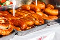 Assortment of grilled sausages for sale. Street food, fast food Royalty Free Stock Photo