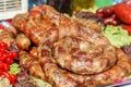 Assortment of grilled sausages for sale. Street food, fast food Royalty Free Stock Photo