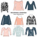 Assortment of grungy textured jumpers. Vector clip art illustration bundle