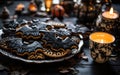 Assortment of handmade Halloween bat-shaped cookies surrounded by candles and spooky decoration