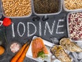 Assortment of healthy food containing iodine. Natural products rich in I, vitamins, micronutrients. Useful food for health and Royalty Free Stock Photo