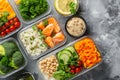 Assortment of healthy food dishes. Top view. Overhead shot of multiple food dishes on table. various sets of food. Healthy take