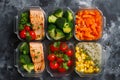 Assortment of healthy food dishes. Top view. Overhead shot of multiple food dishes on table. various sets of food. Healthy take