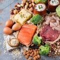 Assortment of healthy protein source and body building food Royalty Free Stock Photo