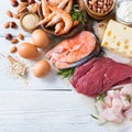 Assortment of healthy protein source and body building food Royalty Free Stock Photo