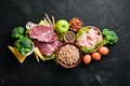 Assortment of healthy protein source and body building foods. Meat, chicken fillet, broccoli, beans, cheese, eggs, wheat. Royalty Free Stock Photo