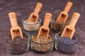 An assortment of healthy sesame seeds, chia seeds, dill, poppy seeds, hemp seeds. Royalty Free Stock Photo