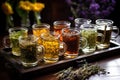 an assortment of herbal teas in glass mugs on a tray