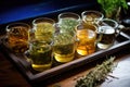 an assortment of herbal teas in glass mugs on a tray