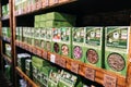 Assortment of Herbal Teas on Store Shelves. A variety of organic herbal teas neatly displayed on Organic products shop