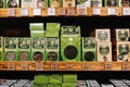 Assortment of Herbal Teas on Store Shelves. A variety of organic herbal teas neatly displayed on Organic products shop