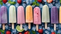 Assortment of ice cream popsicles with ice, fresh berries and mint, top view, flat lay. Summer dessert, frozen fruit juice. Royalty Free Stock Photo