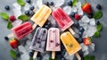 Assortment of ice cream popsicles with ice, fresh berries and mint, top view, flat lay. Summer dessert, frozen fruit juice. Royalty Free Stock Photo