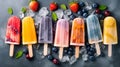 Assortment of ice cream popsicles with ice, fresh berries and mint, top view, flat lay. Summer dessert, frozen fruit juice. Royalty Free Stock Photo