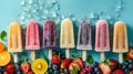 Assortment of ice cream popsicles with ice, fresh berries and mint, top view, flat lay. Summer dessert, frozen fruit juice. Royalty Free Stock Photo