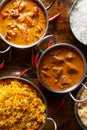 Assortment of indian curries and rice dishes Royalty Free Stock Photo