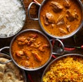 Assortment of indian curry and rice dishes Royalty Free Stock Photo