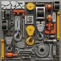An assortment of industrial and mechanical components arranged on a flat surface. The image Royalty Free Stock Photo
