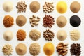 An assortment of isolated cereals and grains set against a white background Royalty Free Stock Photo