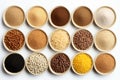 An assortment of isolated cereals and grains set against a white background