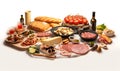 Assortment of italian antipasti food on white background.