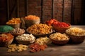 assortment of italian pasta shapes on rustic table