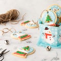 An assortment of items used to make snow globe sugar cookie ornaments. Royalty Free Stock Photo