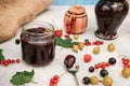 Assortment of jam, seasonal berries of black, red currant, gooseberry and raspberry 8 Royalty Free Stock Photo