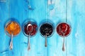 Assortment of jams, seasonal berries, plums, mint and fruits in glass jar Royalty Free Stock Photo