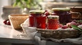 assortment of jams, seasonal berries, plums, mint and fruits Royalty Free Stock Photo