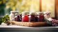 assortment of jams, seasonal berries, plums, mint and fruits Royalty Free Stock Photo