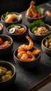 Elegant dark macro Japanese cuisine photography featuring sushi tempura and teriyaki in handmade ceramic bowls Royalty Free Stock Photo