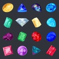 Assortment of jewelry, gem shop. Big vector set with red, yellow, pink, blue, green, purple minerals.