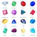 Assortment of jewelry, gem shop. Big vector set with red, yellow, pink, blue, green, purple minerals.