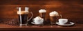 Assortment of Layered Coffee Drinks in Various Glasses with Beans on Wood