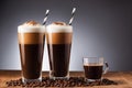 Assortment of Layered Coffee Drinks in Various Glasses with Beans on Wood