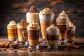 An assortment of layered coffee drinks with whipped cream and cinnamon sticks. Generative AI Royalty Free Stock Photo