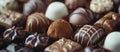 An assortment of luxurious chocolates with various fillings and toppings, featuring dark, milk, and white varieties