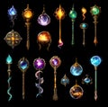 Assortment of magical objects decorated with glowing magic stones, isolated on a black