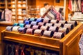 Assortment of man's tie of shop's shelf at luxury business outfit store