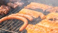 Assortment of marinated meat grilling over the hot coals on a BBQ with sausage, steak. Royalty Free Stock Photo